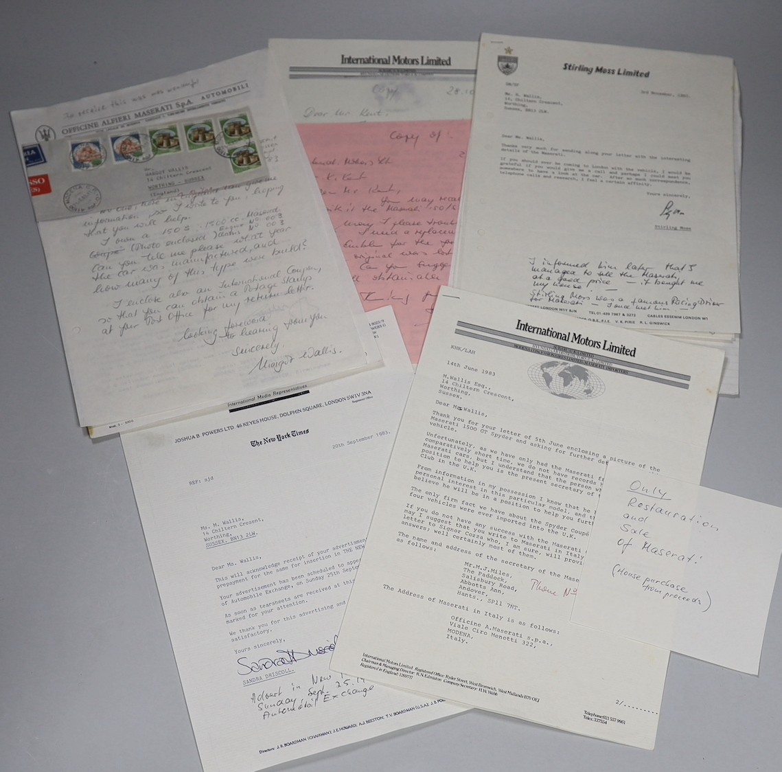 Maserati related ephemera including signed Stirling Moss Limited correspondence